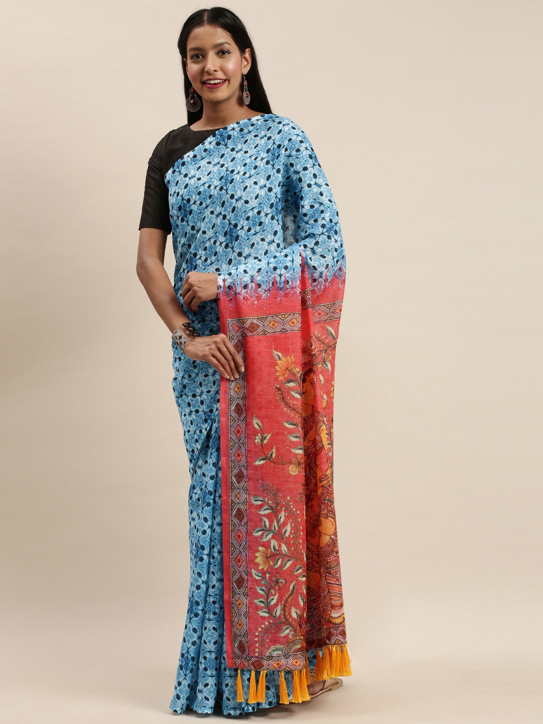 

VASTRANAND Blue Linen Blend Printed Bagru Saree