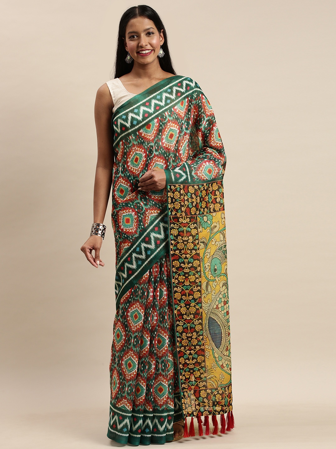 

VASTRANAND Green & Orange Linen Blend Printed Ikat Saree