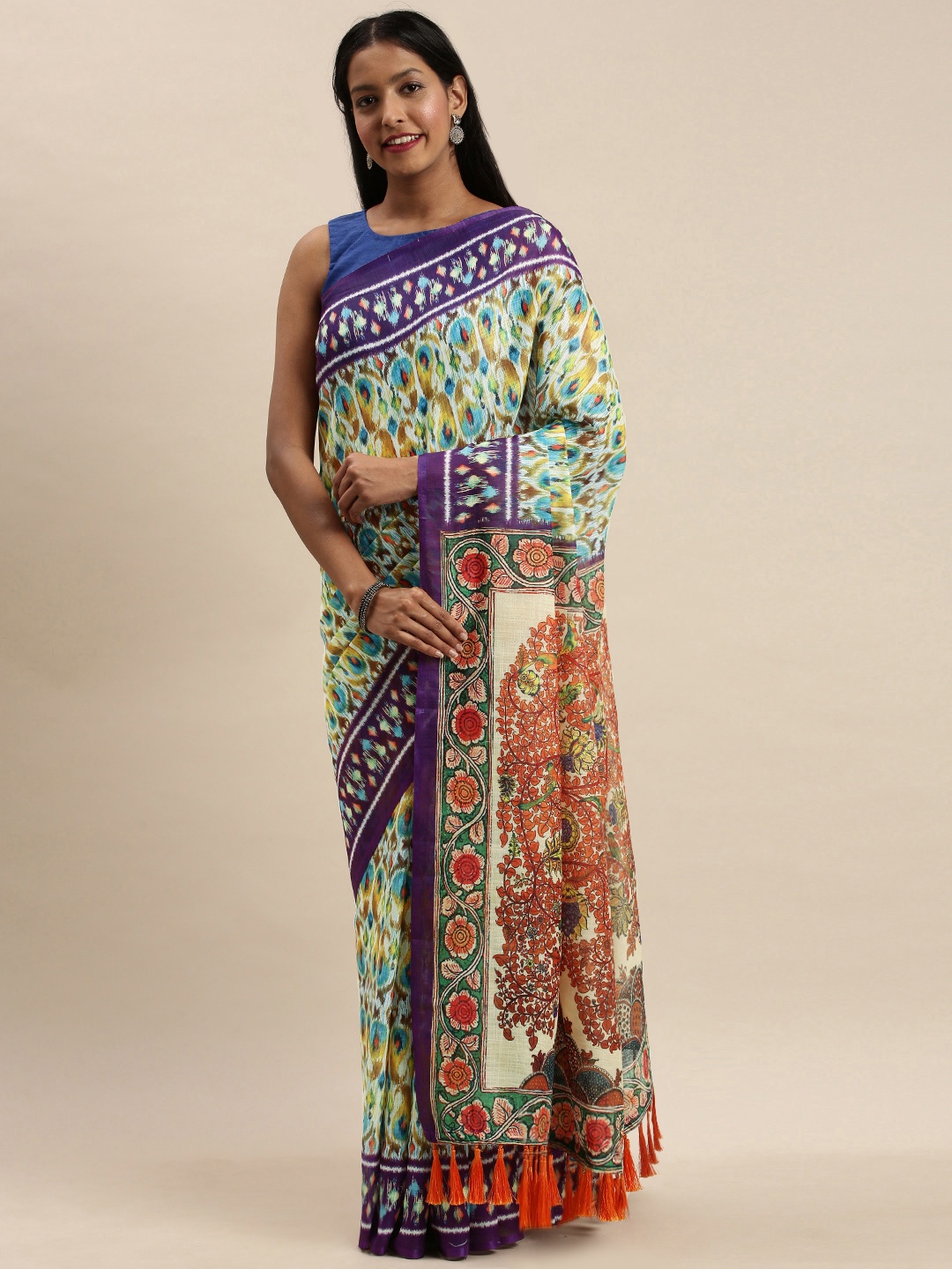 

VASTRANAND Off-White & Violet Linen Blend Printed Ikat Saree