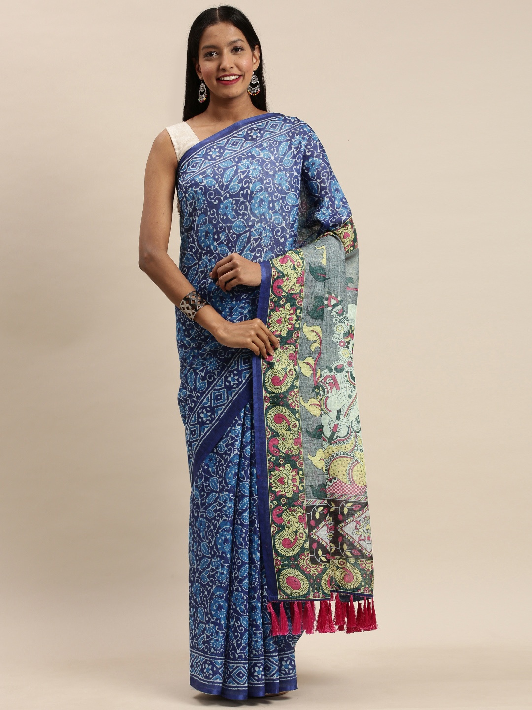 

VASTRANAND Blue Linen Blend Woven Design Bagru Saree