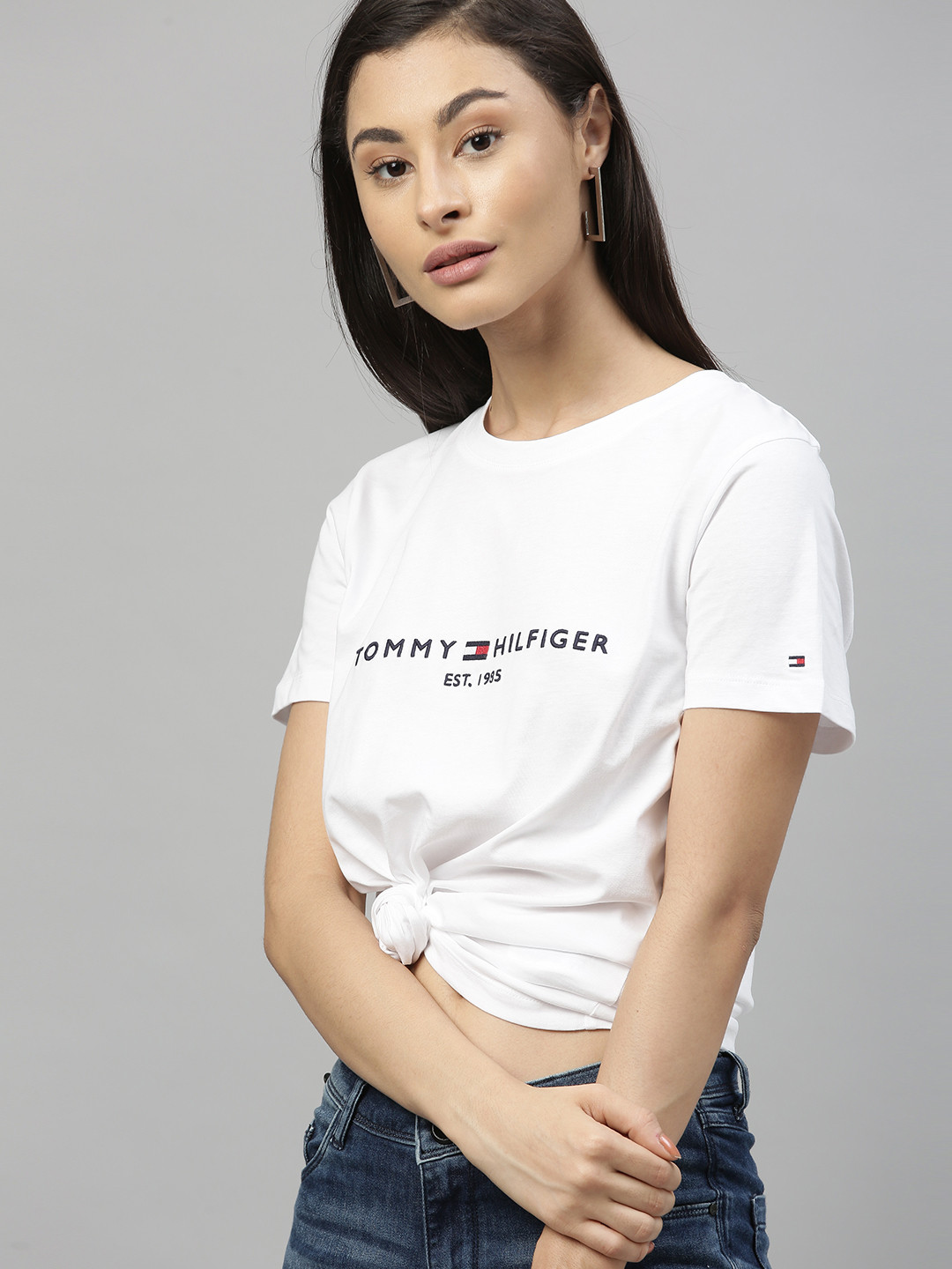 

Tommy Hilfiger Women White Embroidered Round Neck Pure Cotton T-shirt