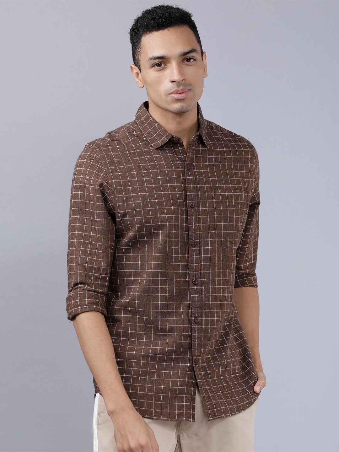 

HIGHLANDER Men Brown & White Slim Fit Checked Casual Shirt