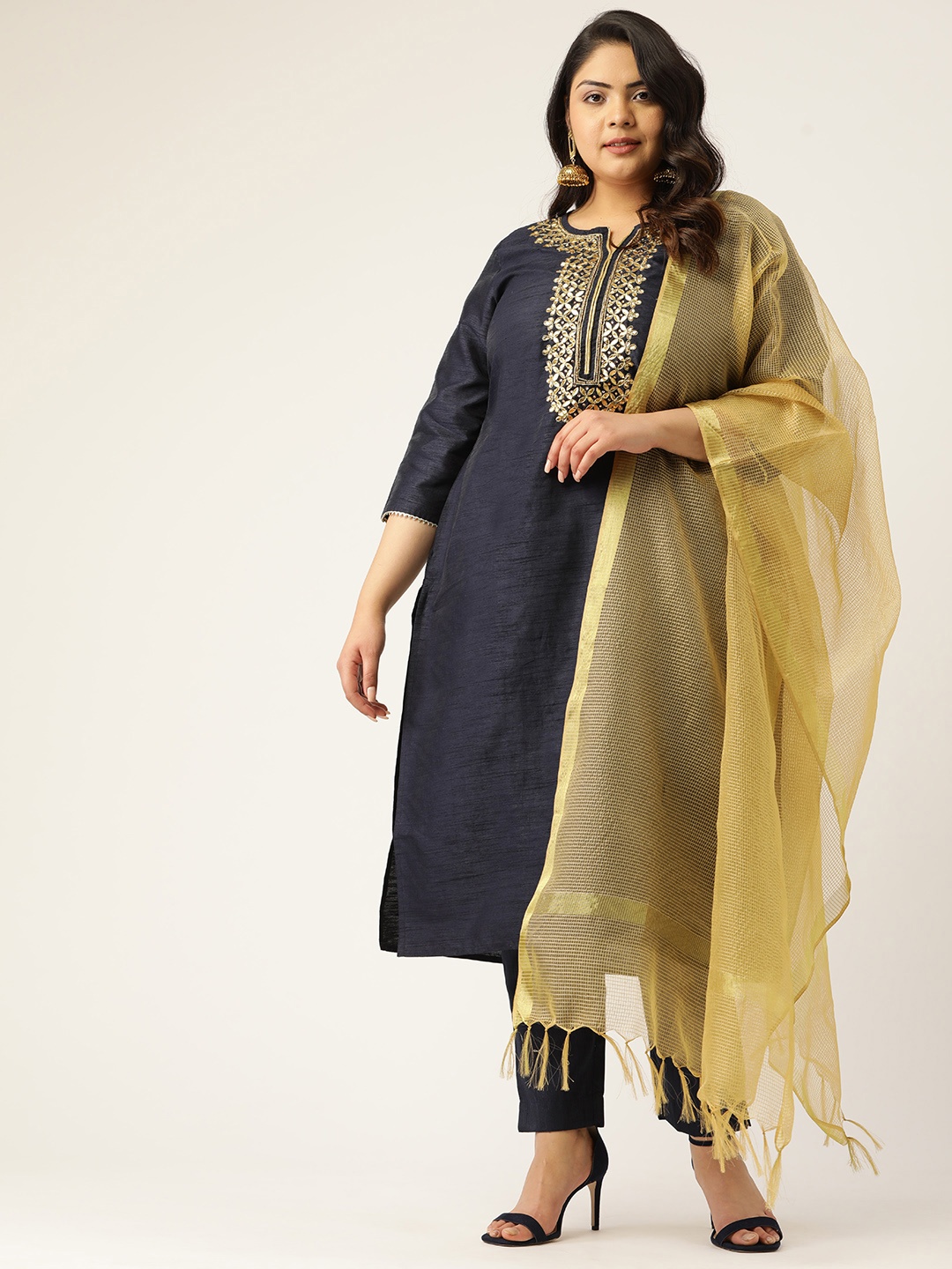 

Sztori Women Navy Blue & GoldenYoke Design Kurta with Trousers & Dupatta