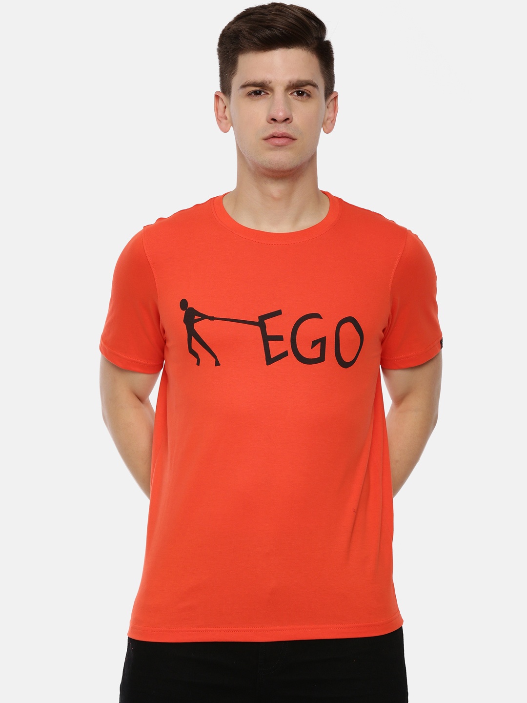

Bushirt Men Orange Printed Round Neck Pure Cotton T-shirt