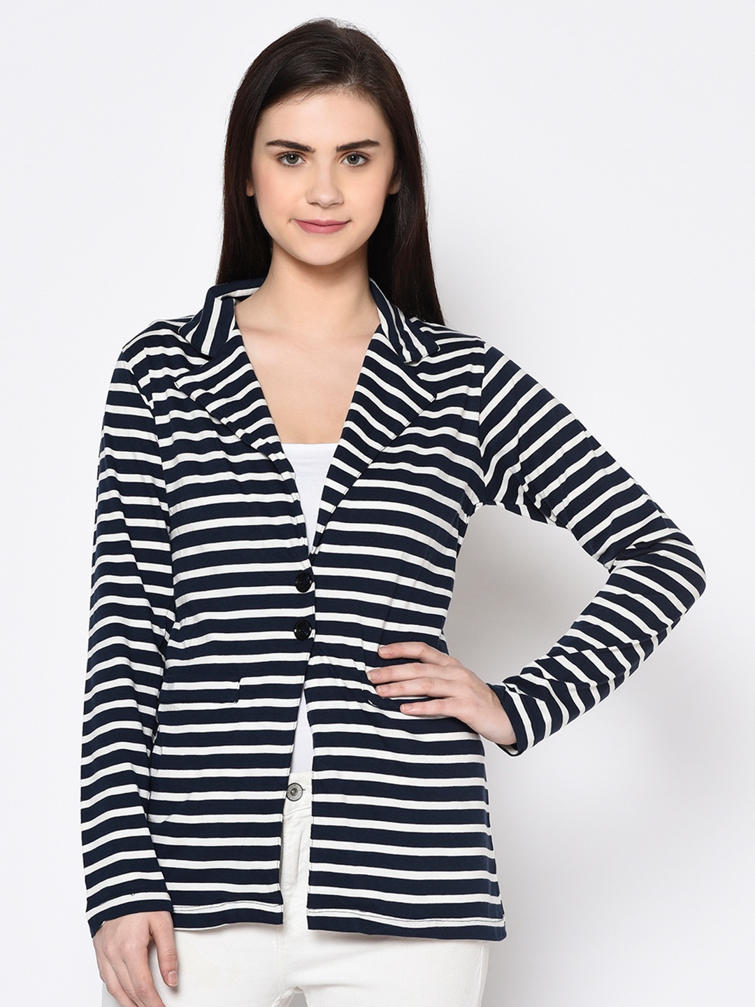 

Rigo Women Navy Blue & White Striped Open Front Shrug