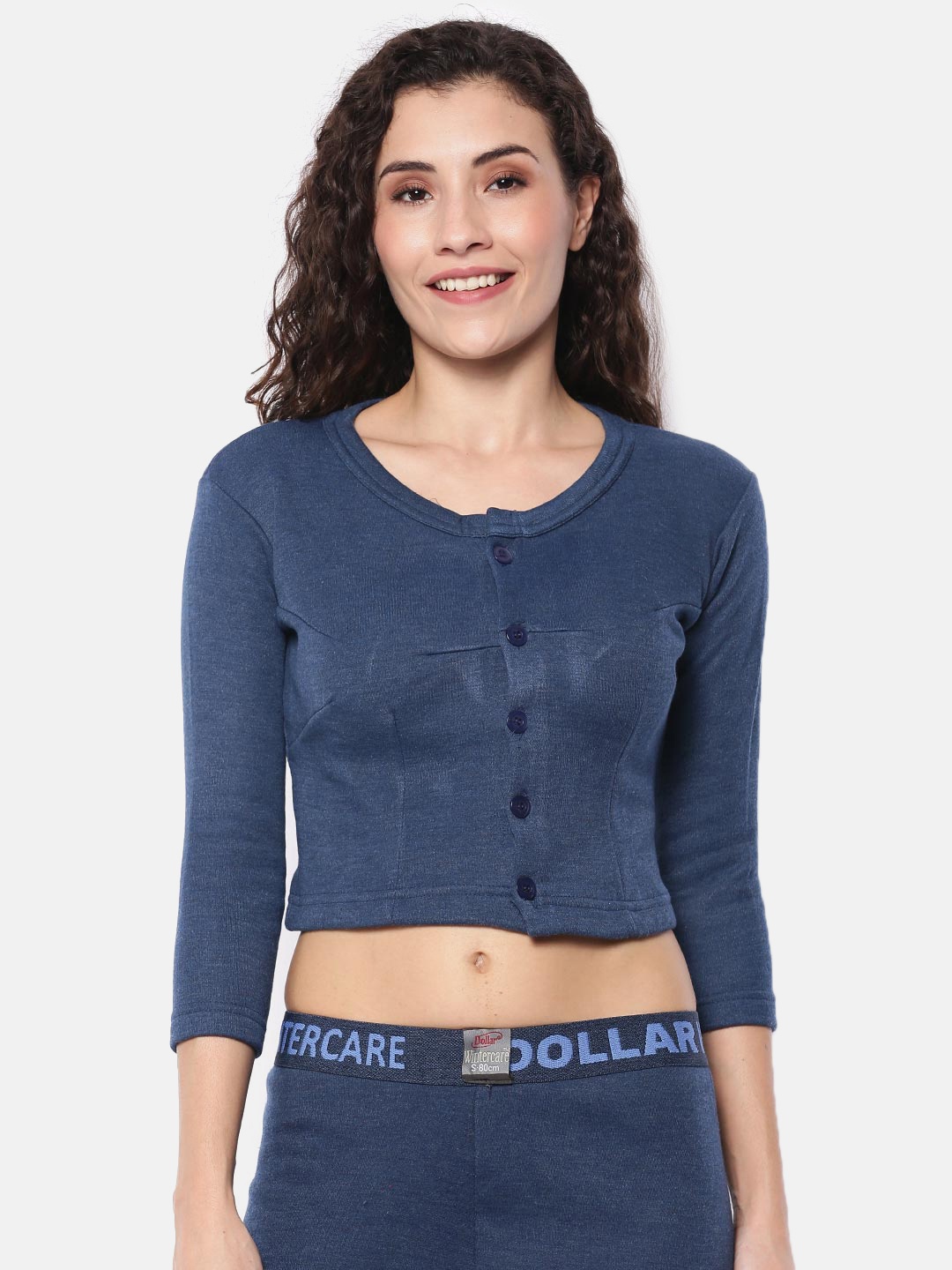 

Dollar Women Navy Blue Solid Slim-Fit Cropped Thermal Top