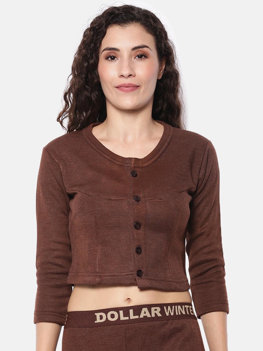 

Dollar Women Brown Solid Slim-Fit Crop Thermal Top