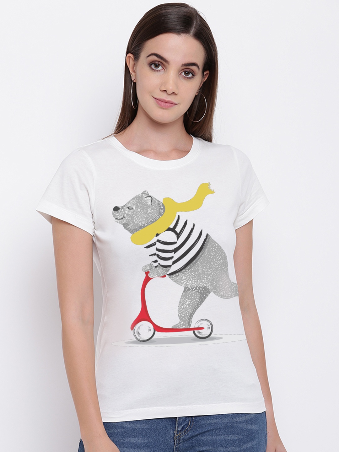 

THREADCURRY Women White Printed Round Neck T-shirt