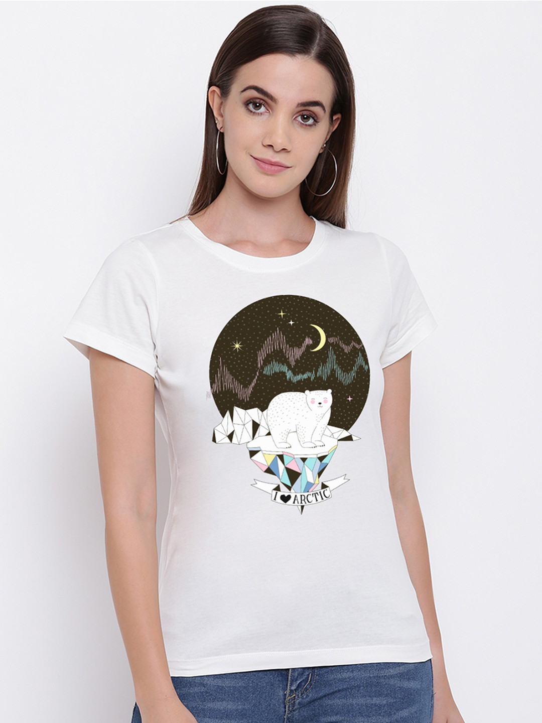 

THREADCURRY Women White Printed Round Neck T-shirt