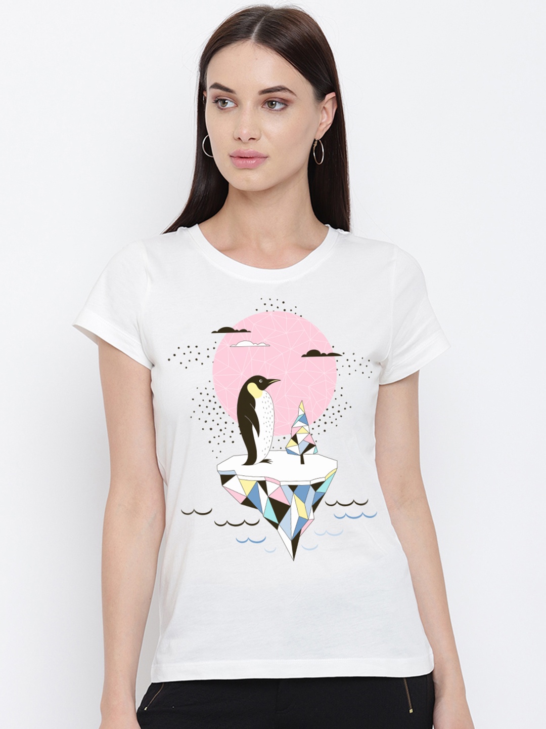 

THREADCURRY Women White Printed Round Neck T-shirt
