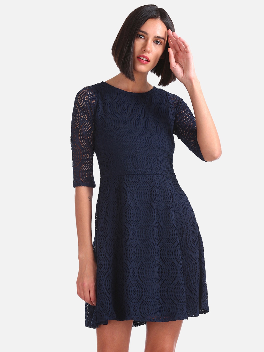 

Sugr Women Navy Blue Self Design Fit and Flare Dress