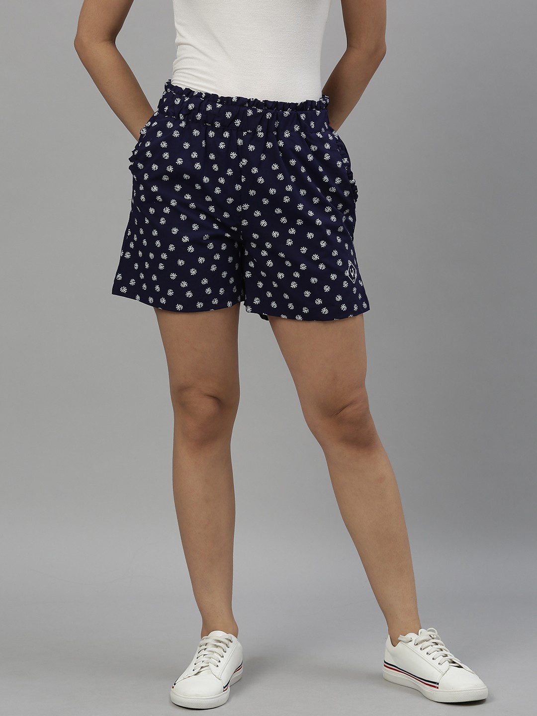 

Allen Solly Woman Women Navy Blue & White Printed Regular Shorts