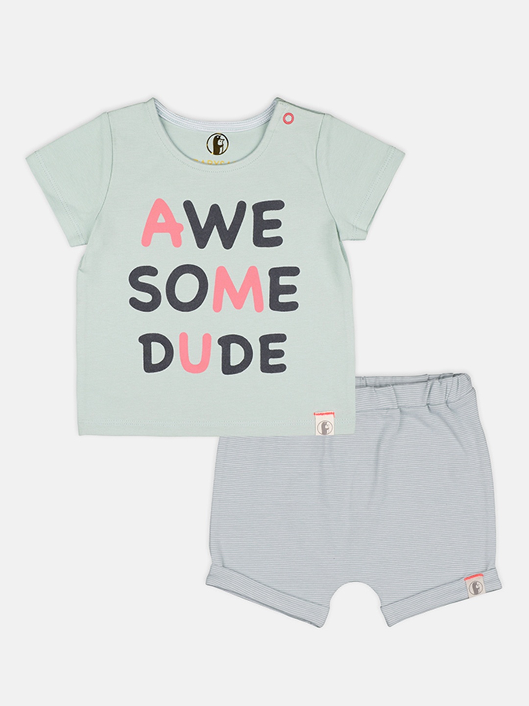 

Babysafe Infant Boys Sea Green & Grey Melange Printed T-shirt With Shorts