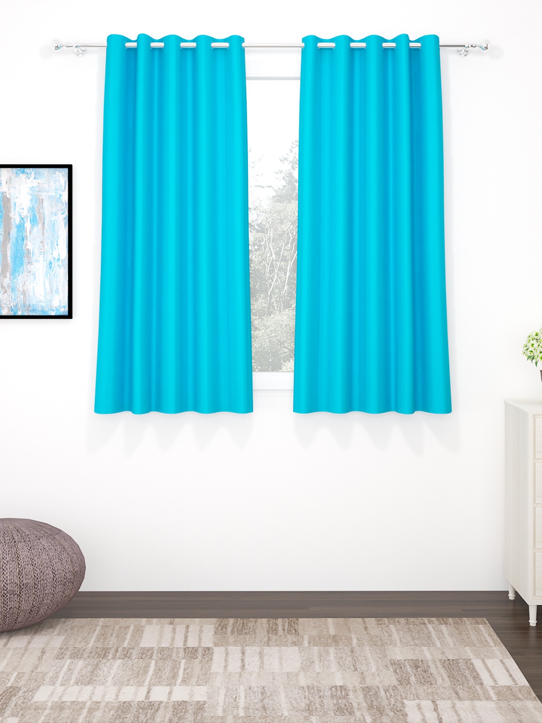

Story@home Set of 2 Blue Faux Silk Solid 300GSM Room Darkening Blackout Window Curtain