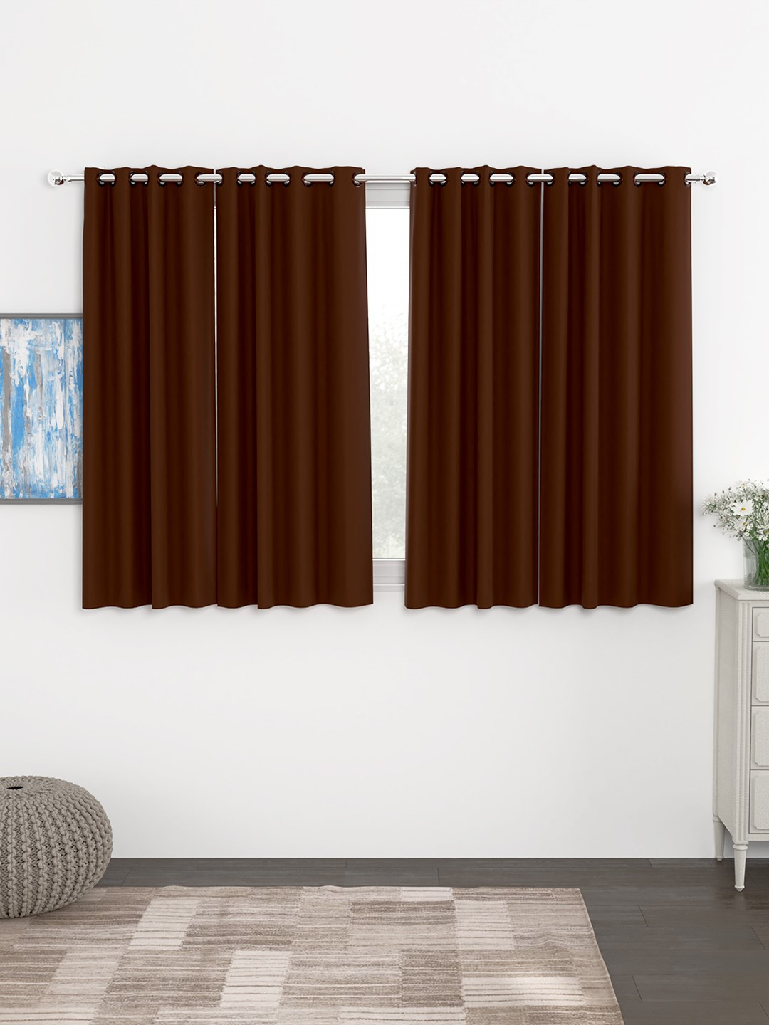 

Story@Home Faux Silk Solid Solid 300GSM Brown Room Darkening Blackout Window Curtain - Set Of 4