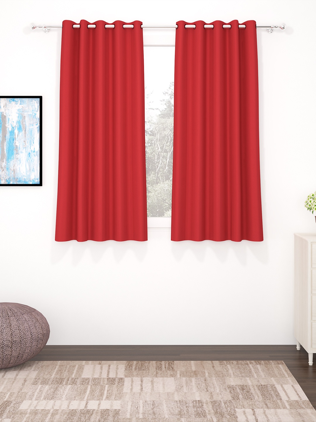 

Story@home Set of 2 Red Faux Silk Solid 300GSM Room Darkening Blackout Window Curtains