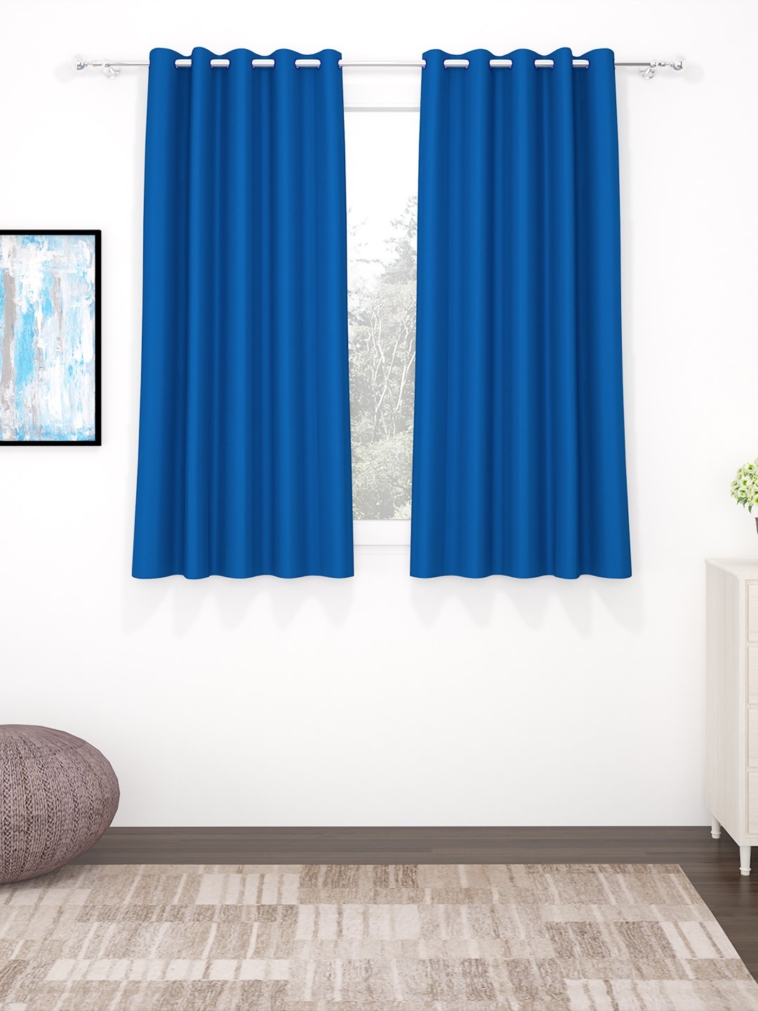 

Story@Home Faux Silk Solid Solid 300GSM Blue Room Darkening Blackout Window Curtain - Set of 2
