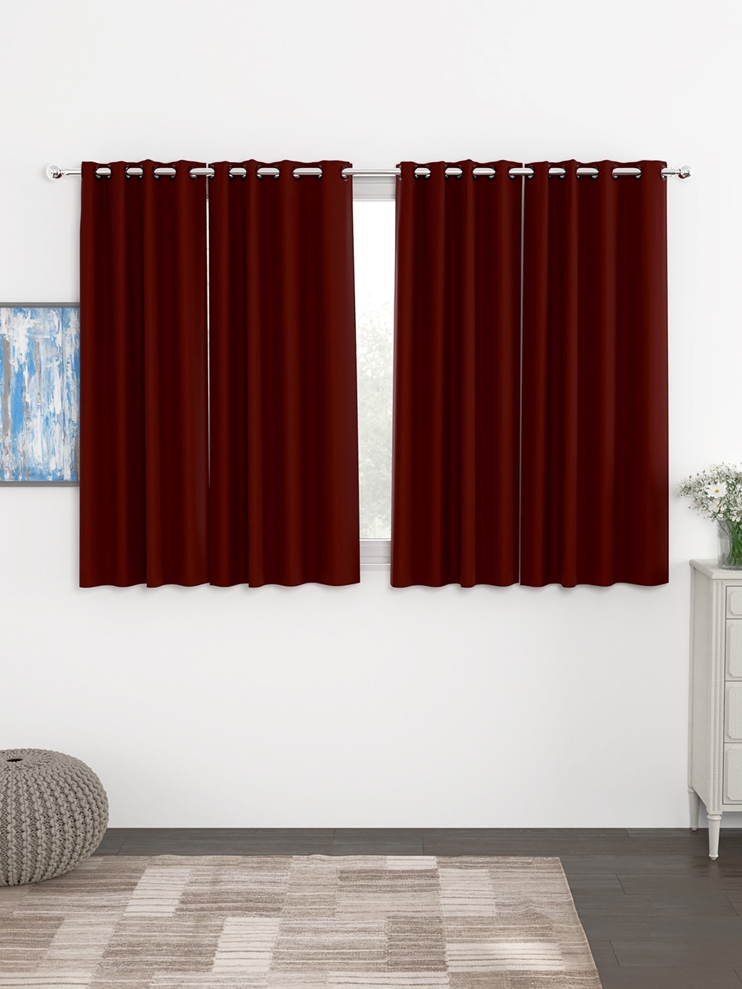 

Story@Home Faux Silk Solid Solid 300GSM Maroon Room Darkening Blackout Window Curtain - Set Of 4