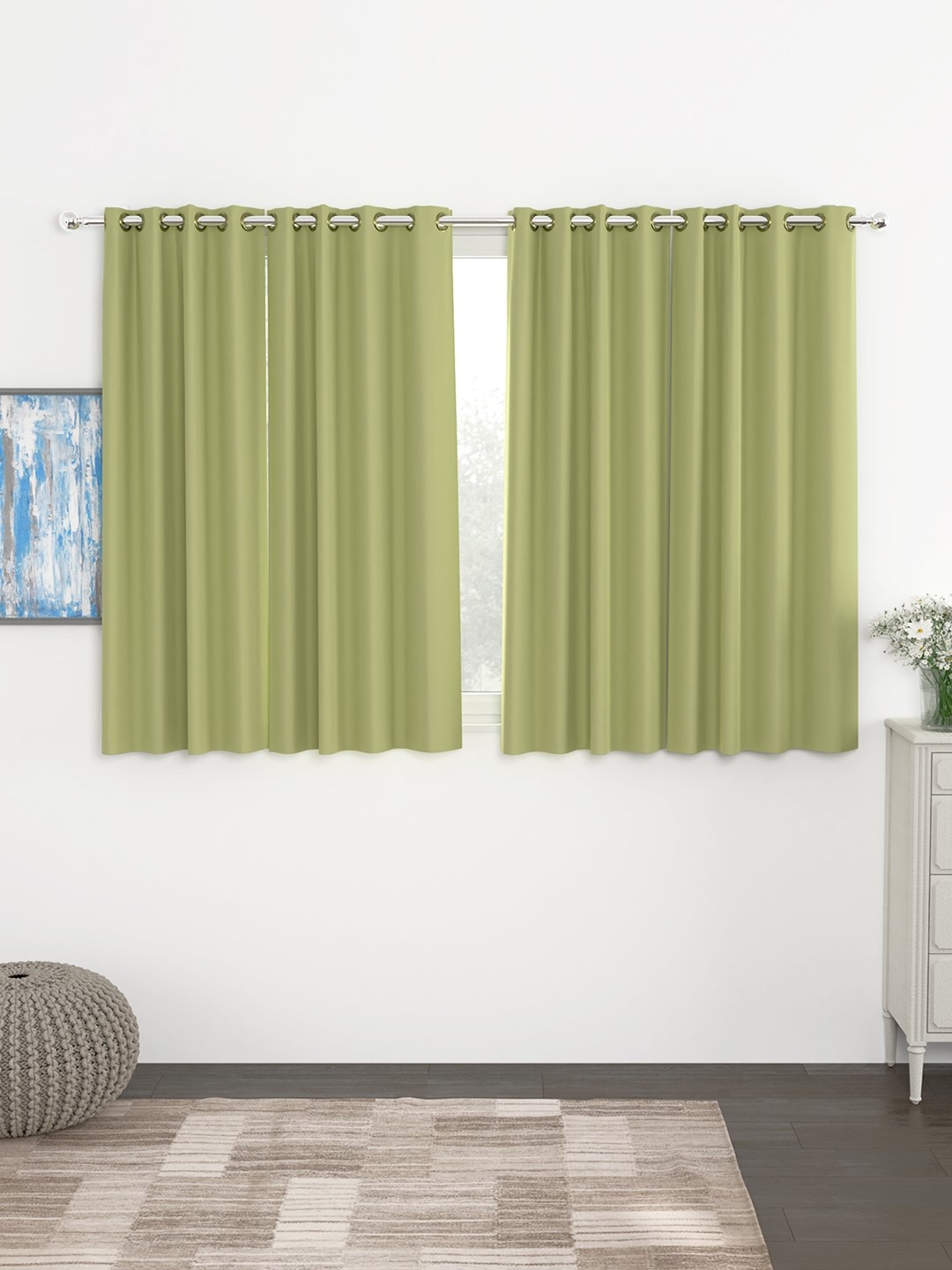 

Story@Home Faux Silk Solid Solid 300GSM Light Green Room Darkening Blackout Window Curtain - Set Of 4, Lime green