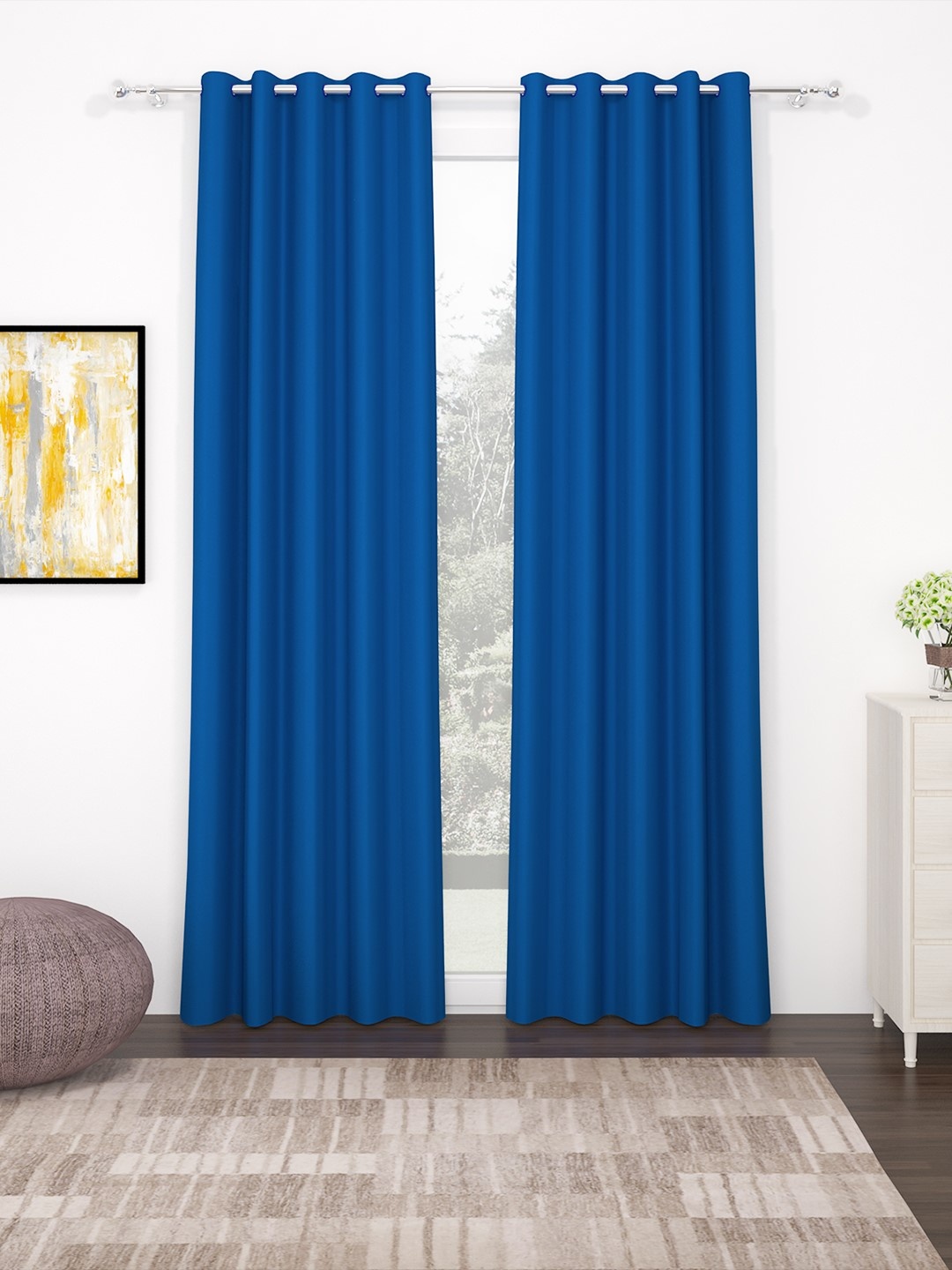 

Story@Home Faux Silk Solid 300GSM Blue Room Darkening Blackout Door Curtain - Set of 2
