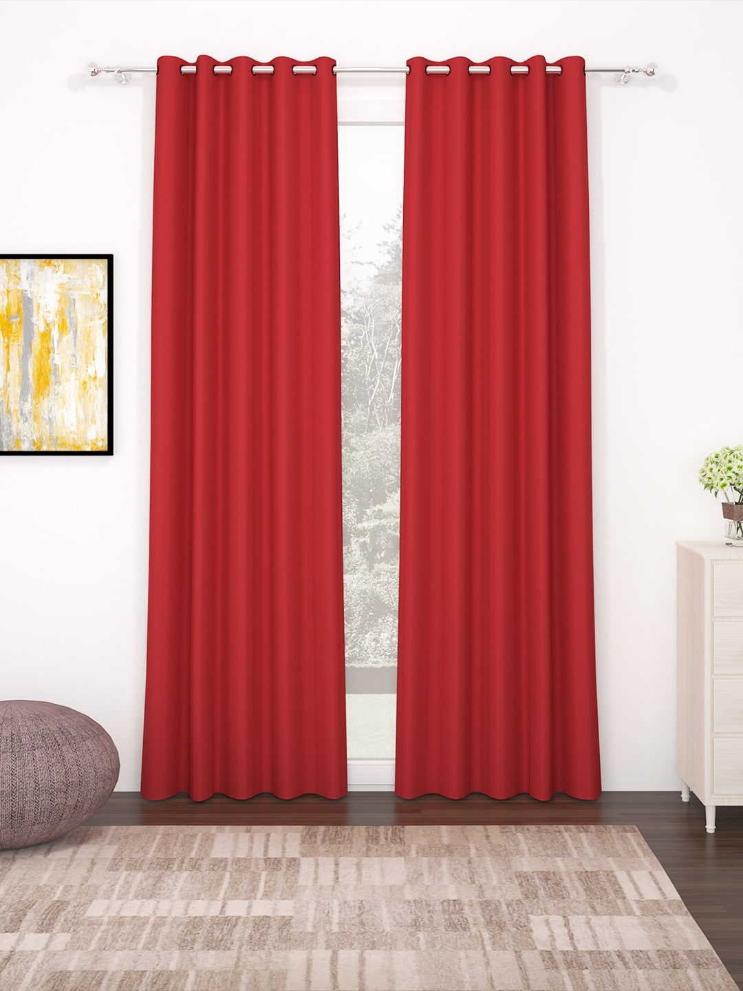 

Story@home Red Solid Faux Silk Solid 300GSM Red Room Darkening Blackout Door Curtain