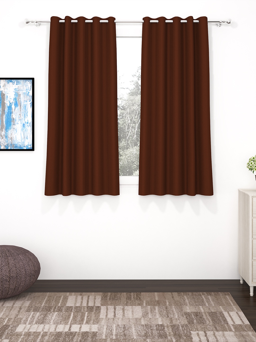 

Story@home Brown Set of 2 Faux Silk Solid 300GSM Room Darkening Blackout Window Curtains