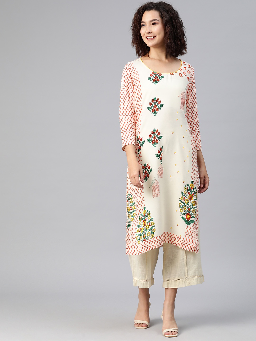 

GQ Floral Printed Straight Kurta, Cream