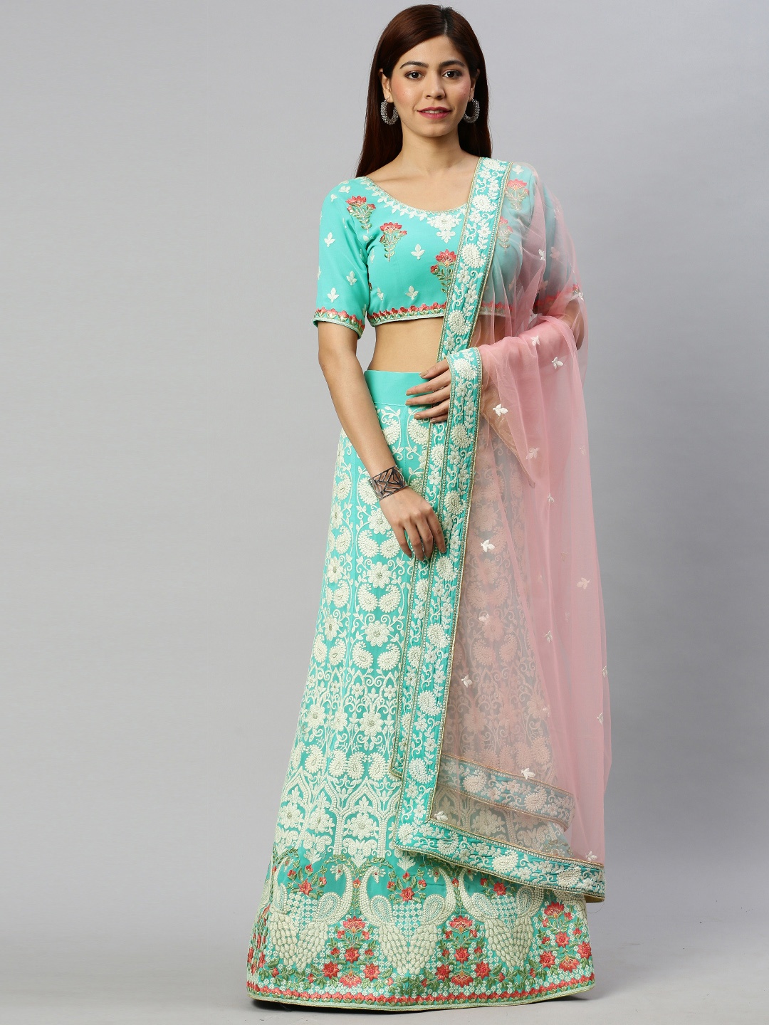 

flaher Teal & Pink Embroidered Semi-Stitched Lehenga & Unstitched Blouse with Dupatta