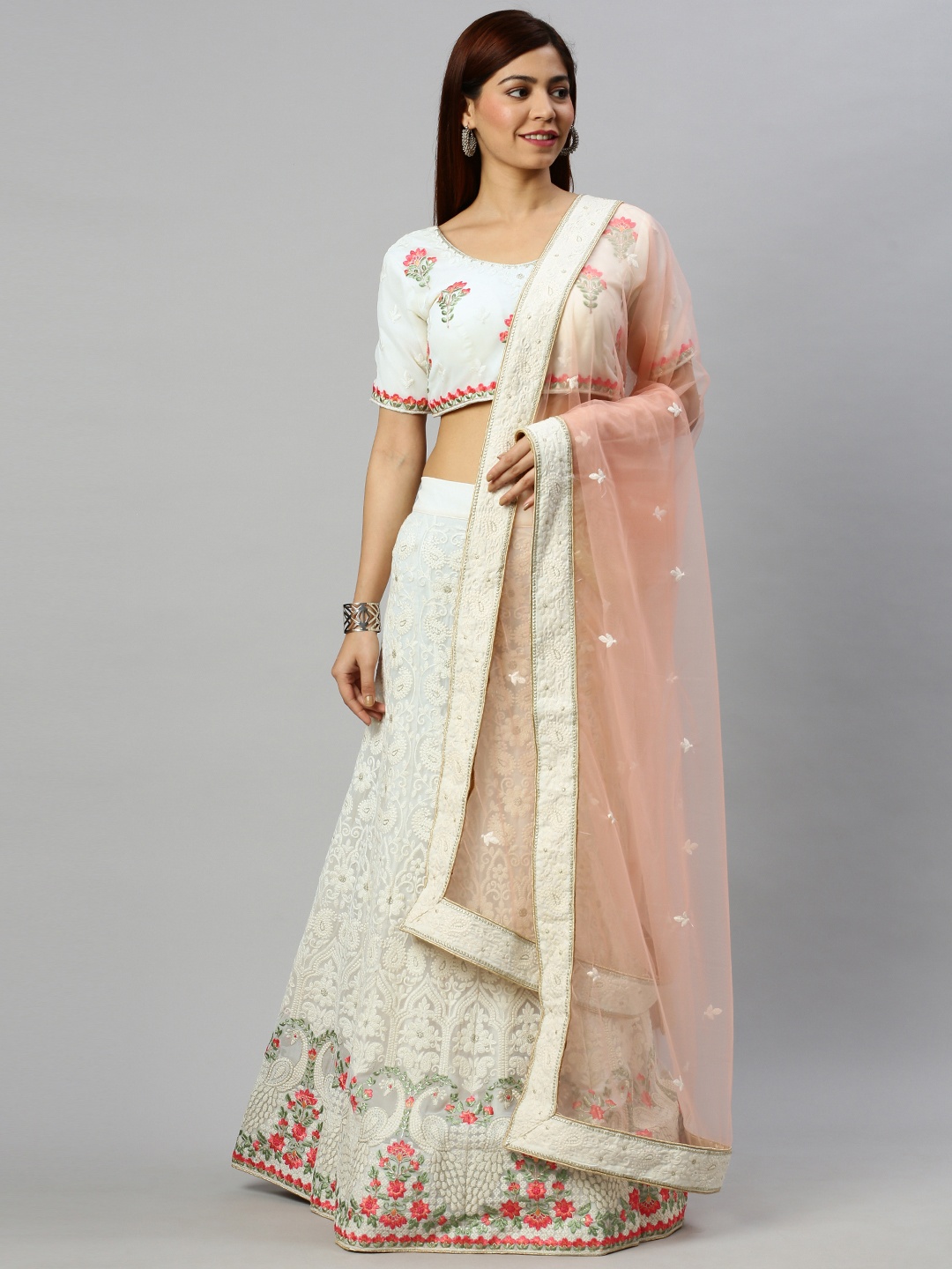 

flaher Off-White Embroidered Semi-Stitched Lehenga & Unstitched Blouse with Dupatta