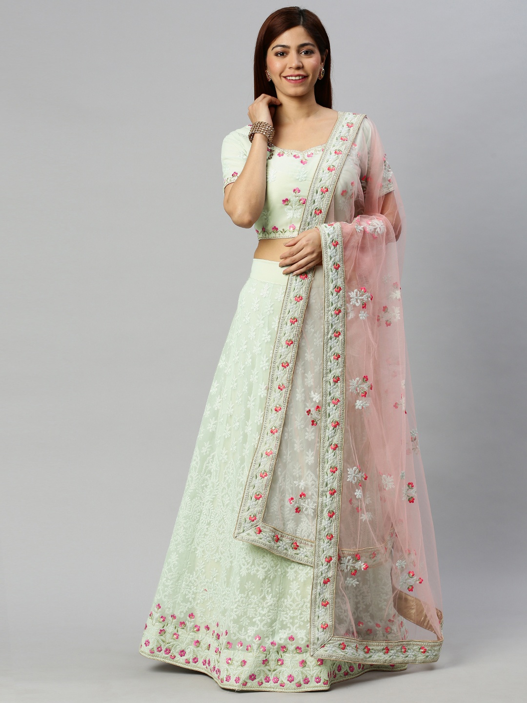 

flaher Green & White Embroidered Semi-Stitched Lehenga & Unstitched Blouse with Dupatta