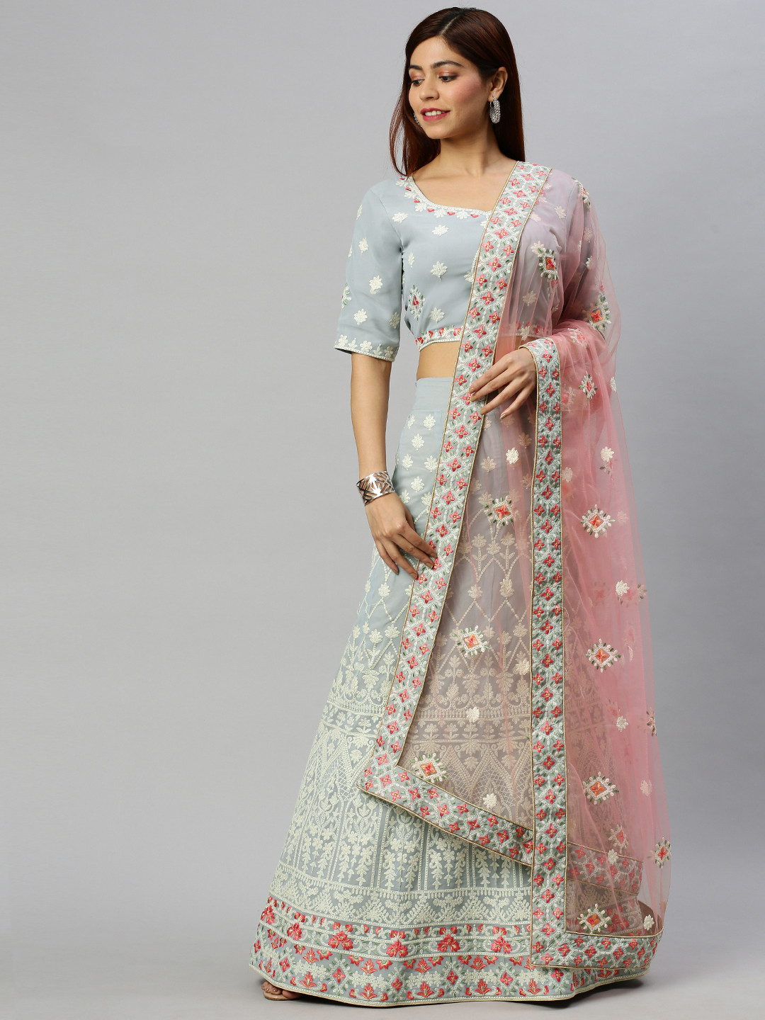 

flaher Grey & Peach-Coloured Embroidered Unstitched Lehenga & Blouse with Dupatta