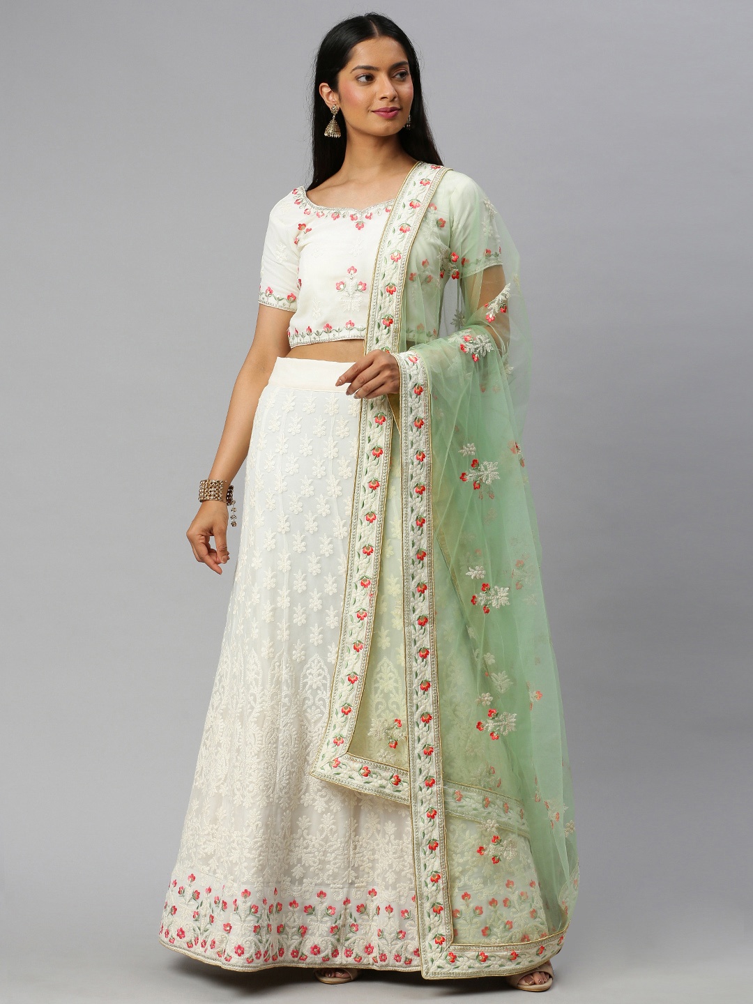 

flaher Off-White & Green Embroidered Unstitched Lehenga & Unstitched Blouse with Dupatta