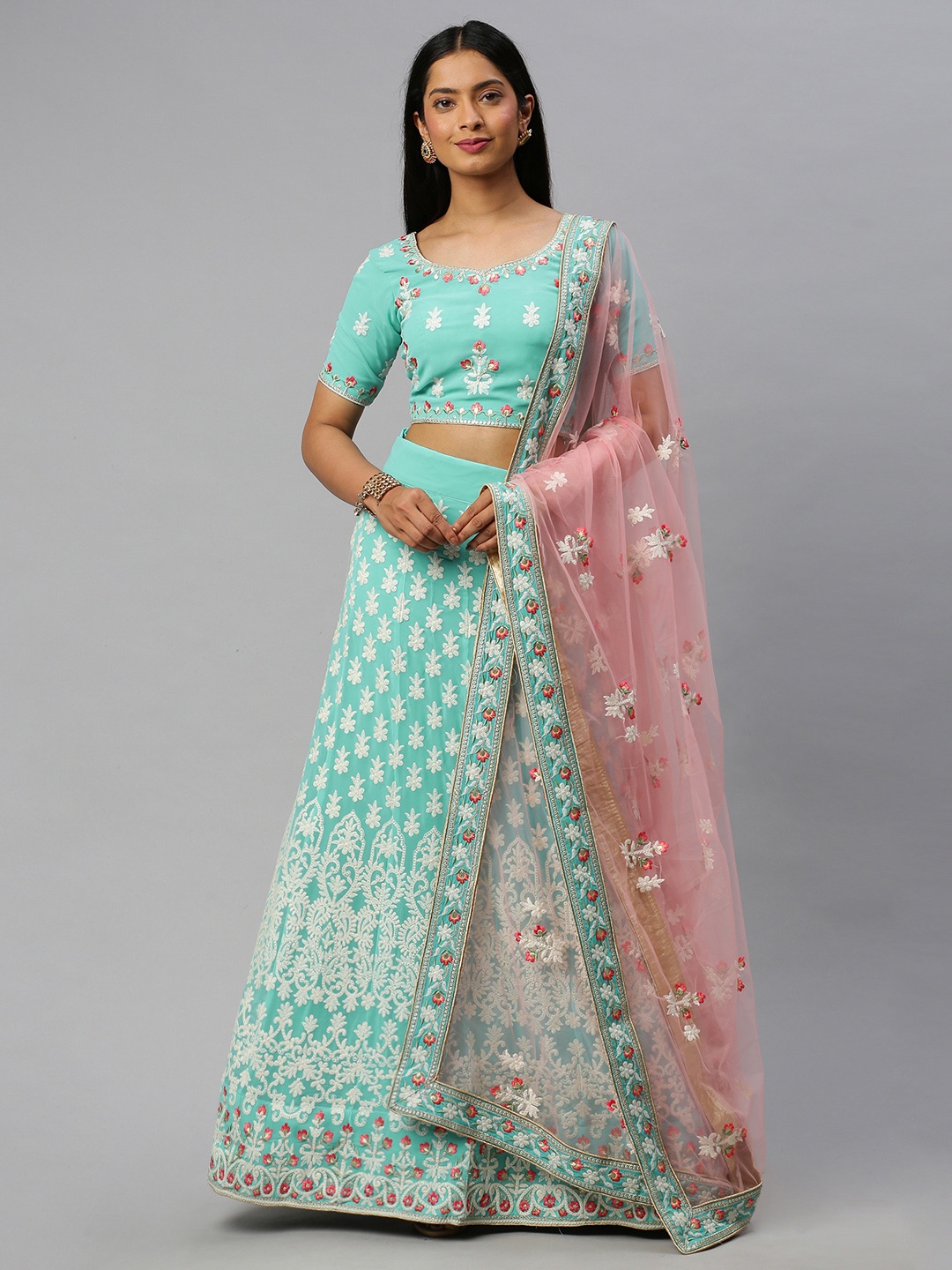 

flaher Turquoise Blue & Red Embroidered Semi-Stitched Lehenga & Unstitched Blouse with Dupatta