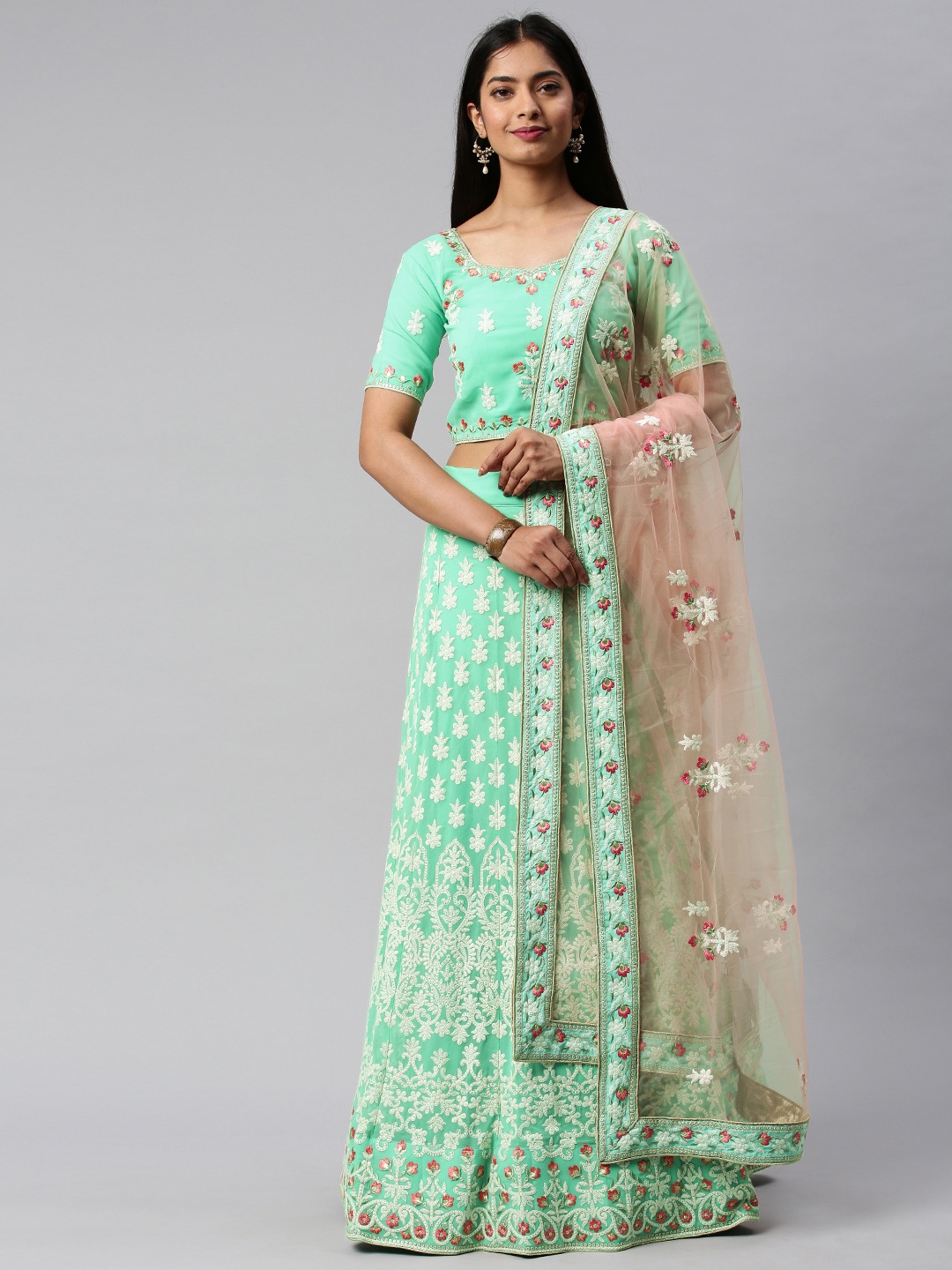 

flaher Sea Green & White Embroidered Unstitched Lehenga & Blouse with Dupatta