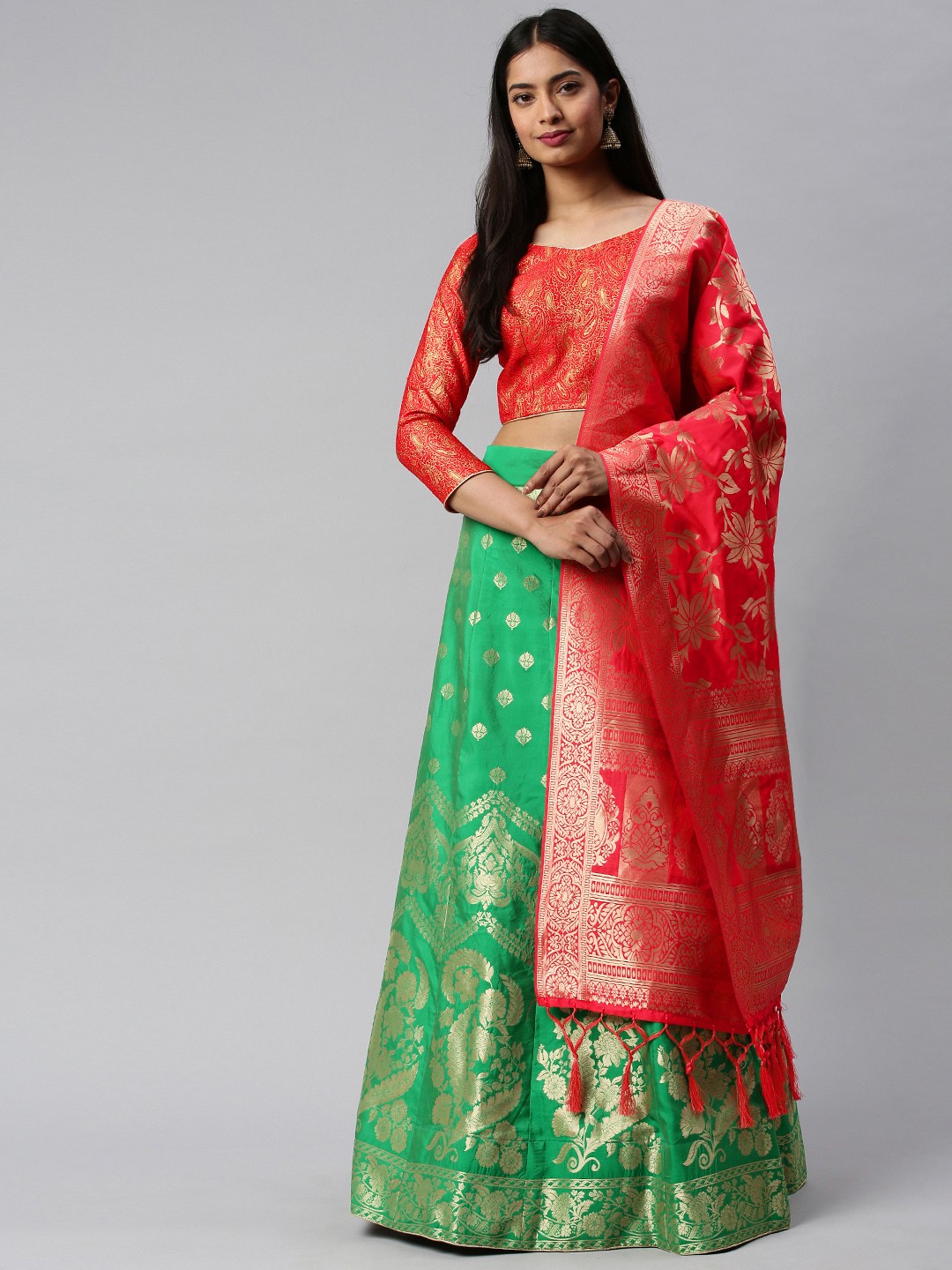 

flaher Red & Green Woven Design Unstitched Lehenga & Blouse with Dupatta