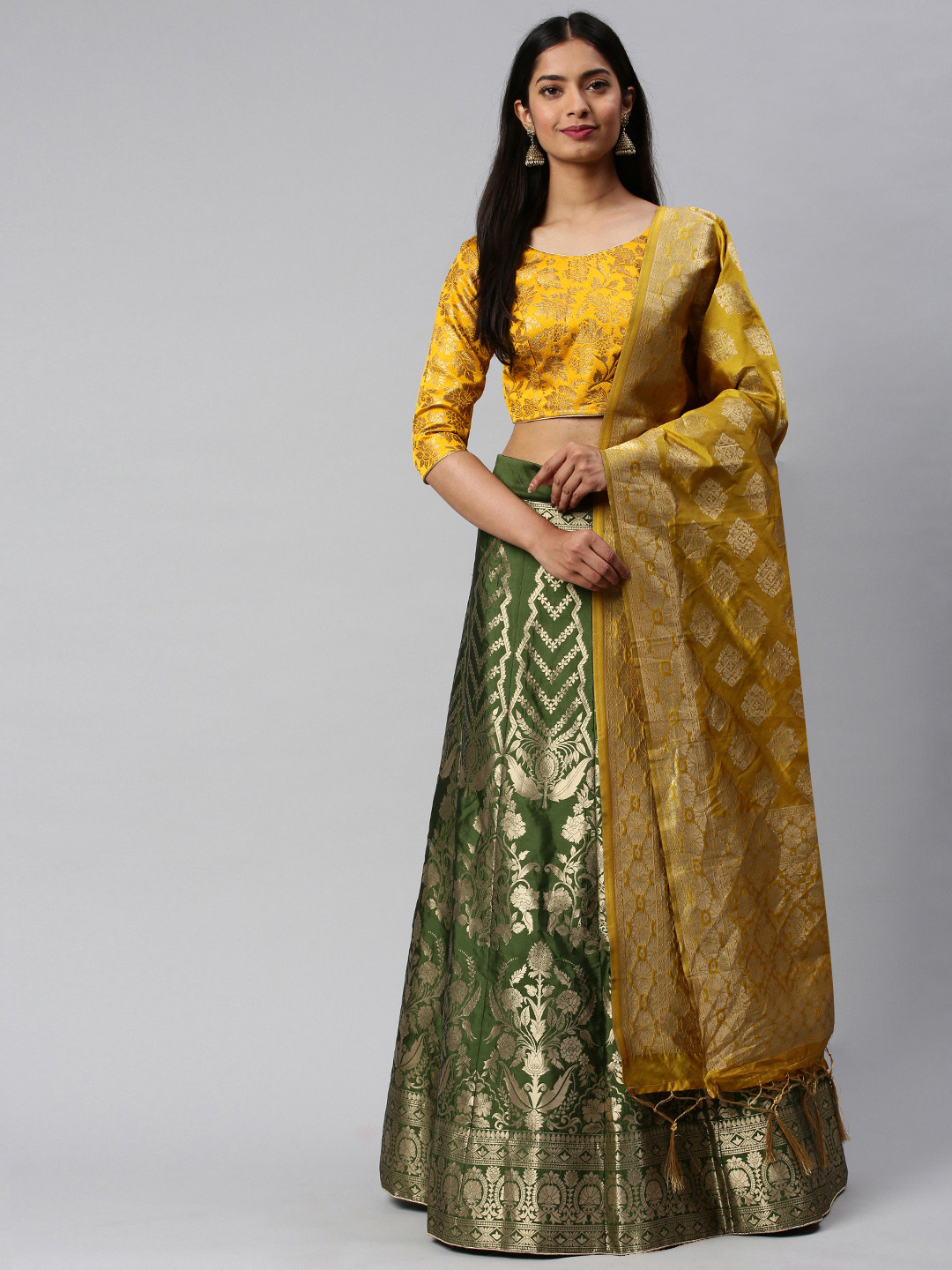 

flaher Yellow & Green Woven Design Semi-Stitched Lehenga & Unstitched Blouse with Dupatta, Mustard