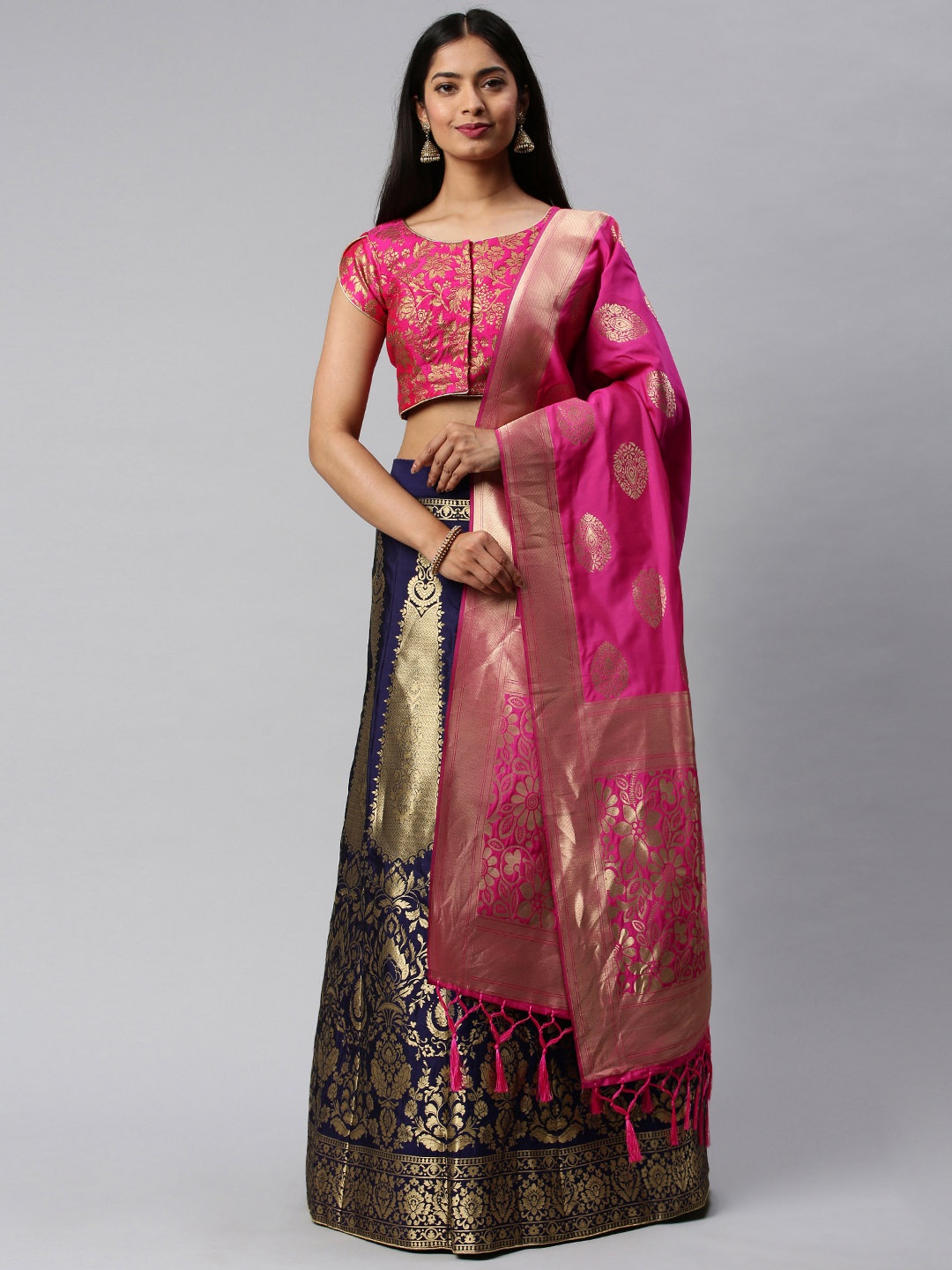 

flaher Navy Blue & Pink Woven Design Unstitched Lehenga & Blouse with Dupatta