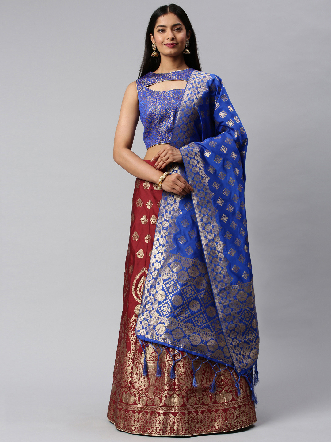 

flaher Maroon & Blue Woven Design Unstitched Lehenga & Blouse with Dupatta