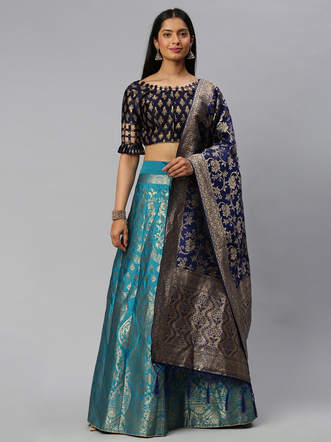 

flaher Teal & Gold-Toned Woven Design Unstitched Lehenga & Blouse with Dupatta