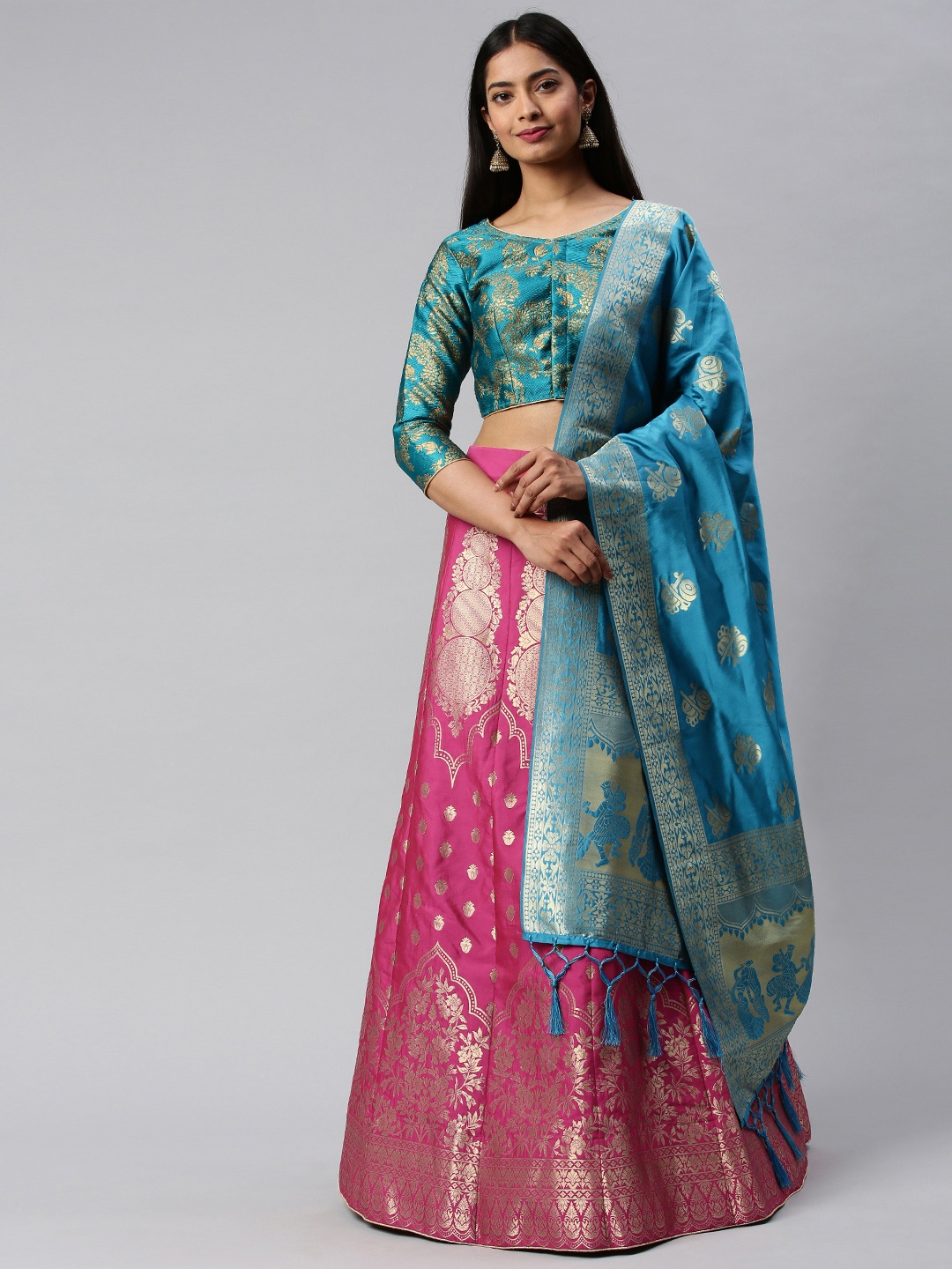 

flaher Pink & Green Woven Design Unstitched Lehenga & Blouse with Dupatta