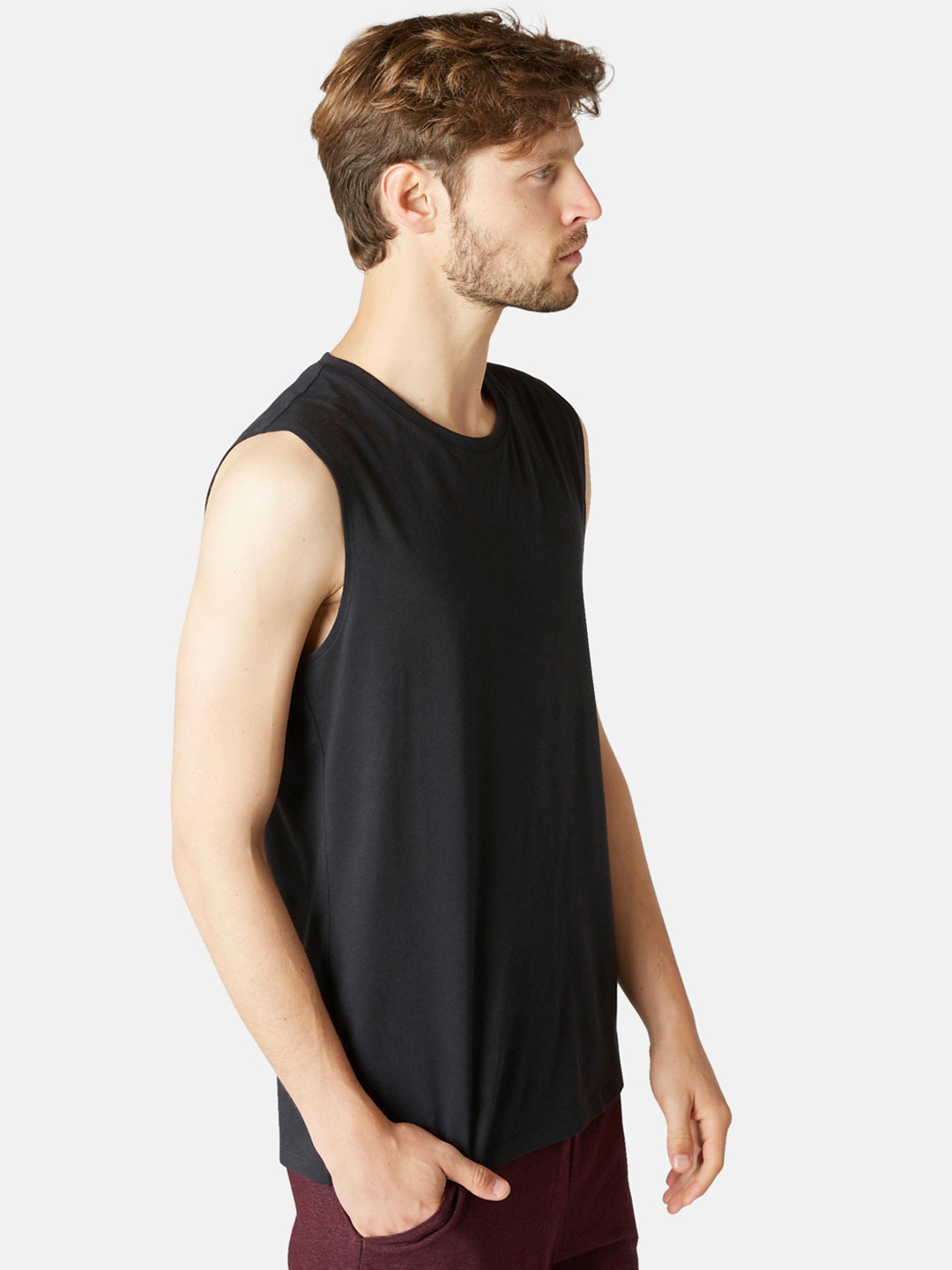 

NYAMBA By Decathlon Men Black Solid Round Neck Pilates Tank T-shirt 500