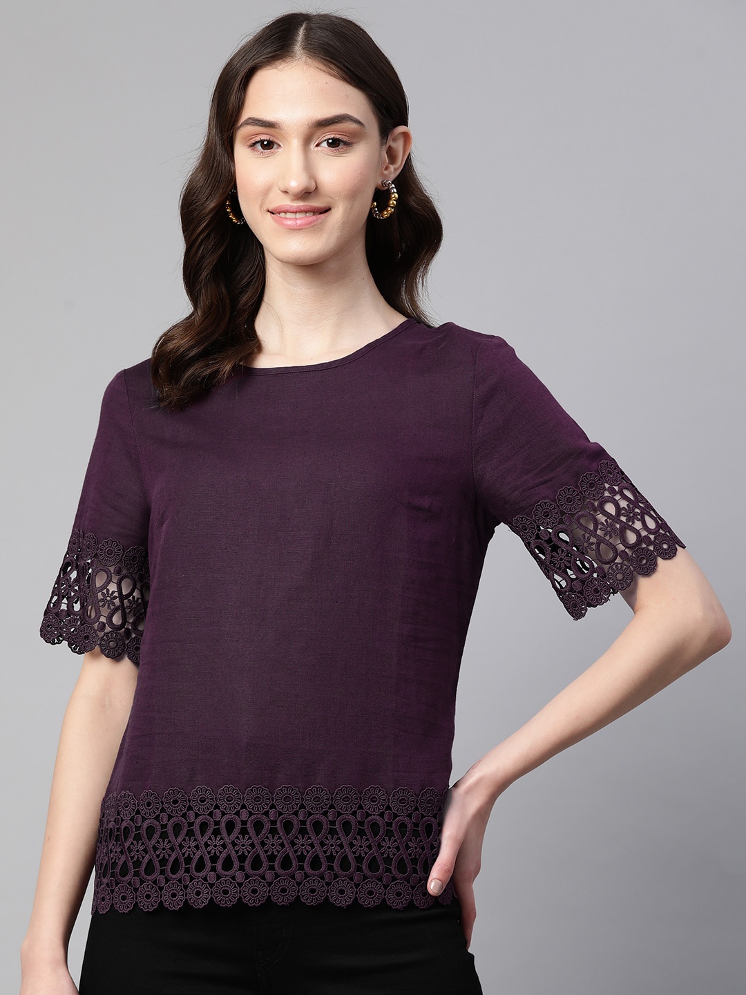 

Marks & Spencer Linen Cotton Lace Inserts Top, Purple