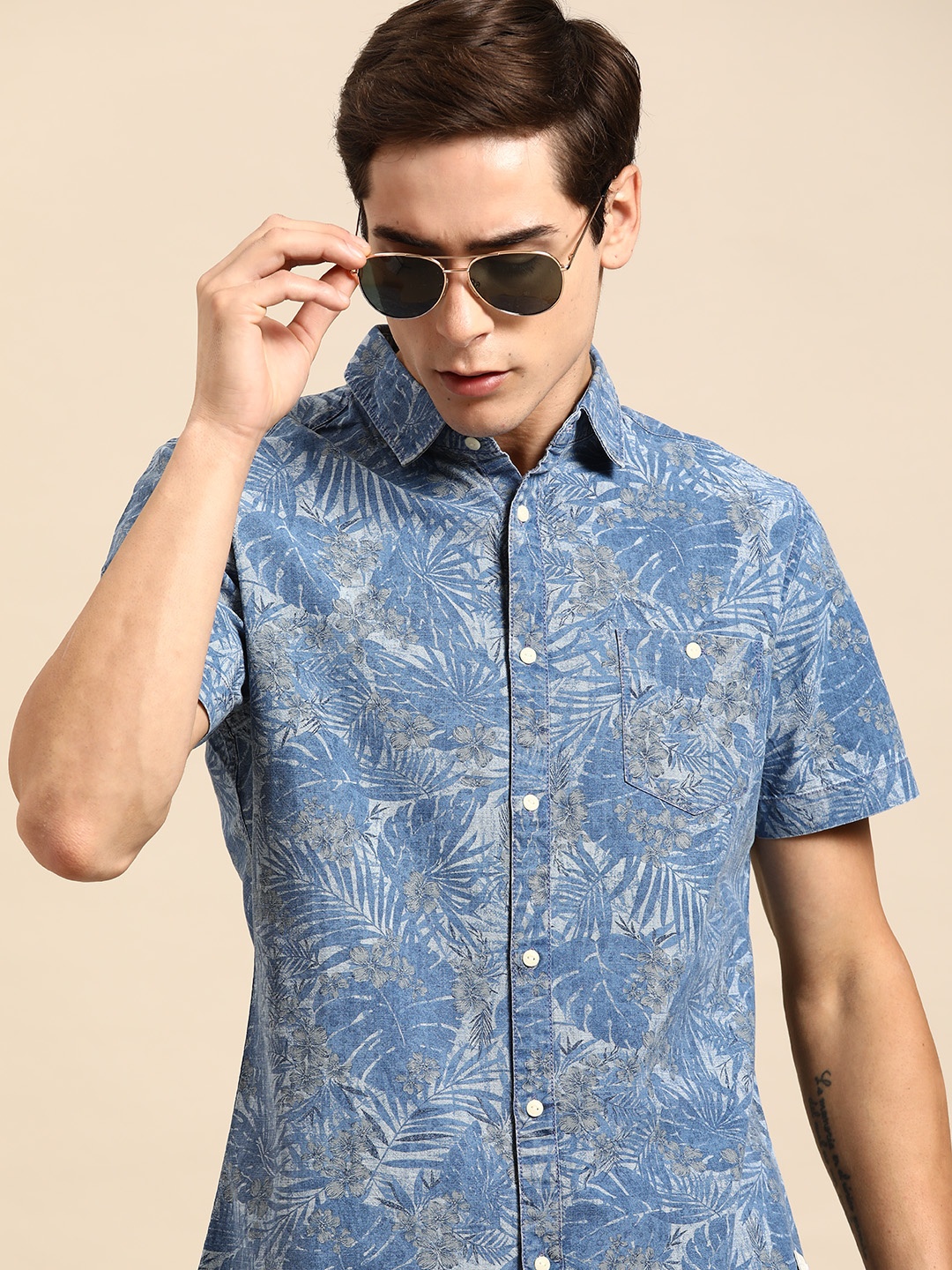 

Being Human Floral Printed Slim Fit Cotton Chambray Shirt, Blue