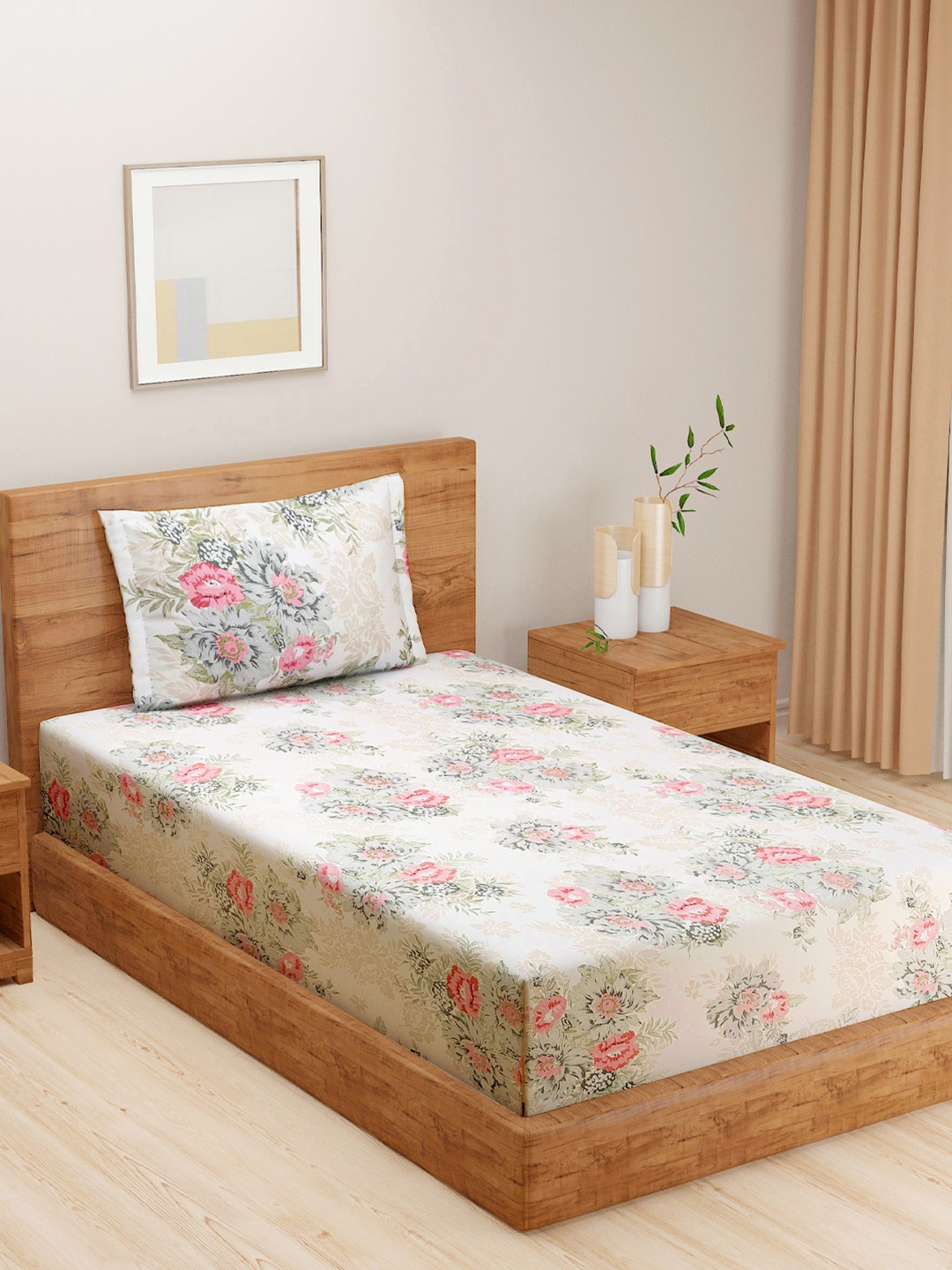 

SWAYAM White & Zinnia Floral Print 250 TC Mercerized Cotton Single Bedsheet Set, Cream