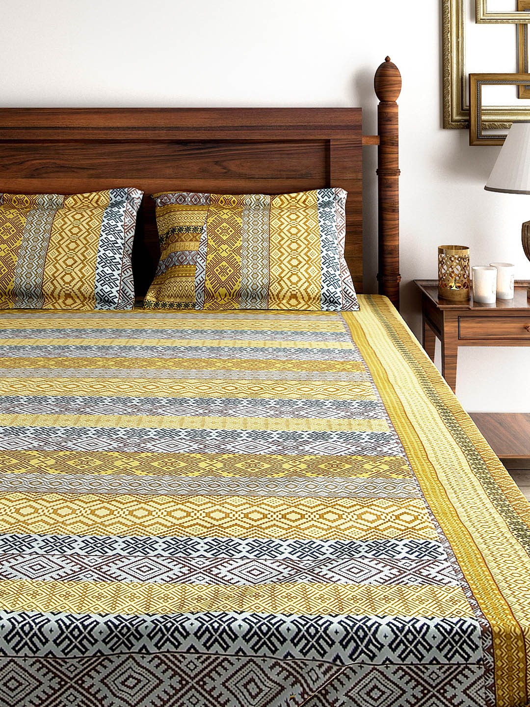 

SWAYAM Mustard Yellow & Blue 160 TC Double Bedsheet with 2 Pillow Covers