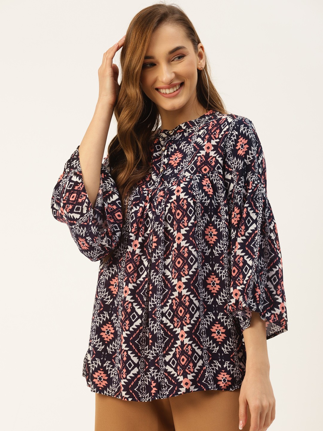 

Monte Carlo Navy Blue & Coral Geometric Print Mandarin Collar Top