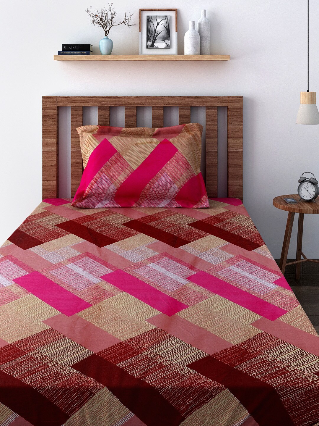 

SWAYAM Caramel Pink & Brown 180 TC Cotton Single Bedsheet with 1 Pillow Cover