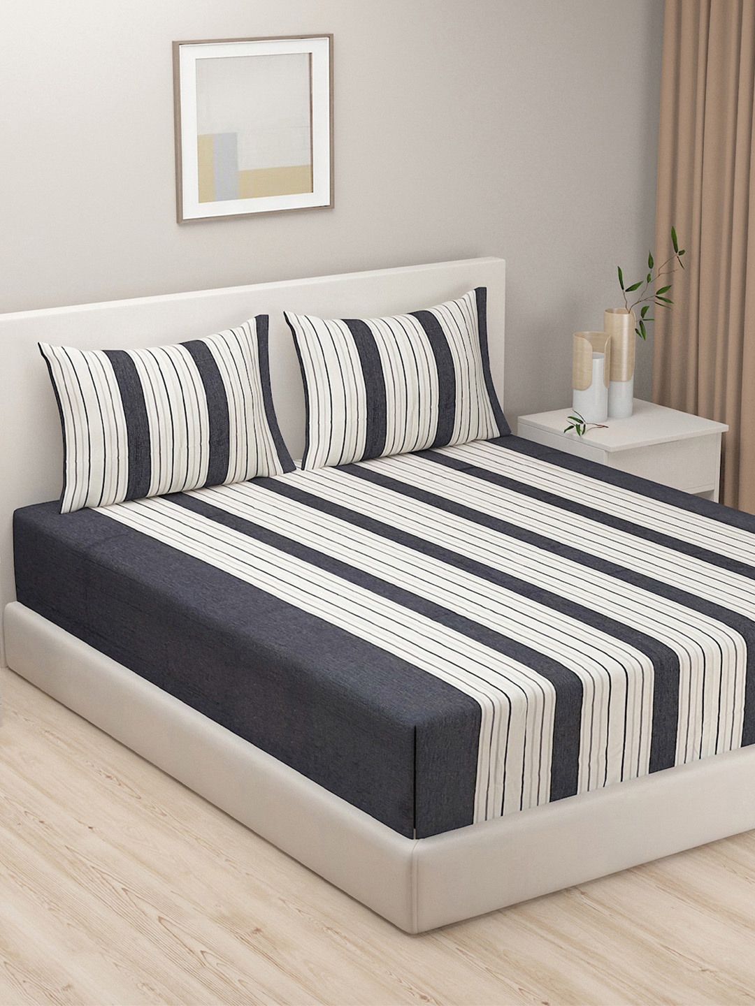 

SWAYAM Black Megical Linea Striped 240 TC 100% Cotton Double Bedsheet Set