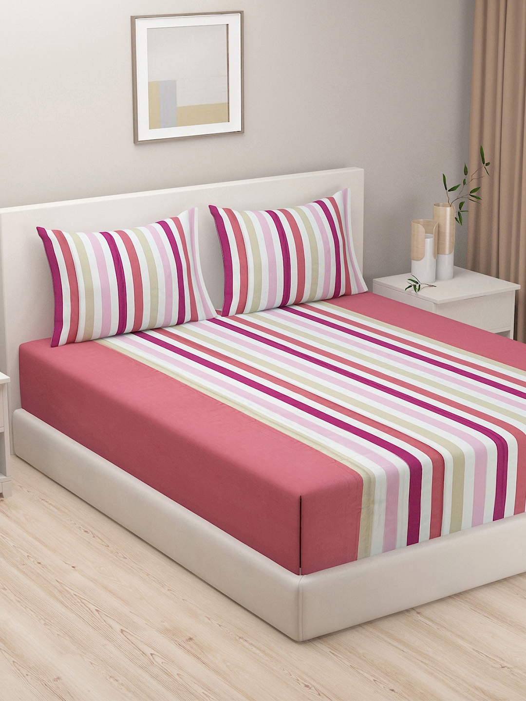 

SWAYAM Pink & White 180 TC Cotton Double Bedsheet with 2 Pillow Covers