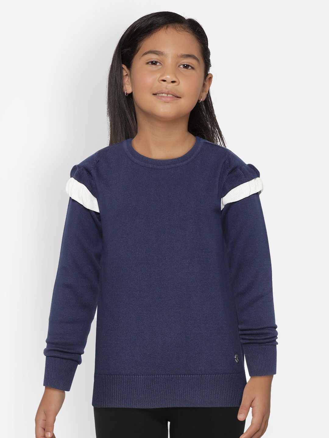 

Allen Solly Junior Girls Navy Blue Solid Pullover with Ruffled Detail